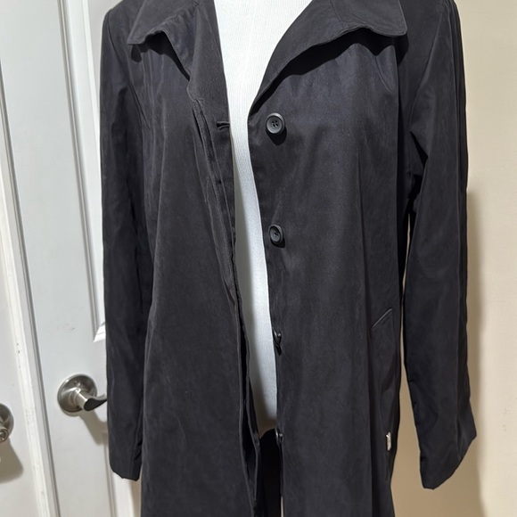 London Fog Mid Length Suede Classic Black Hidden Button Trench Coat Size Large - Picture 6 of 9